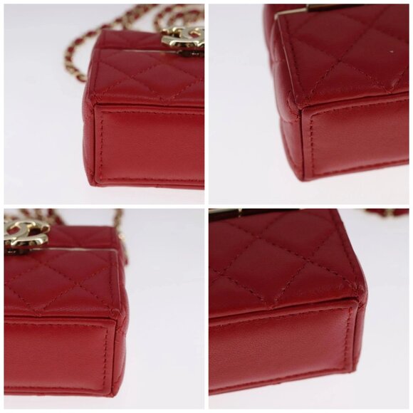 CHANEL Small Box Matelasse Chain Pouch Lamb Skin Red CC Auth - Picture 14 of 15